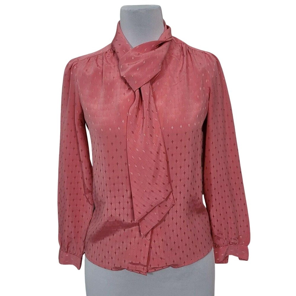 Vintage Pykettes Pink Jacquard Tie Neck Pussycat Bow Blouse Office‎ Top